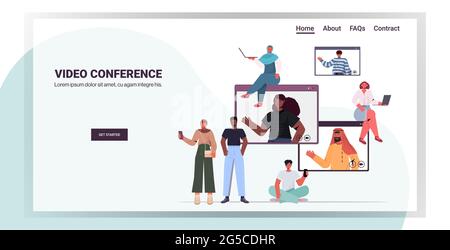 mix race people chatting during video call with friends in web browser windows online conference Stock Vector