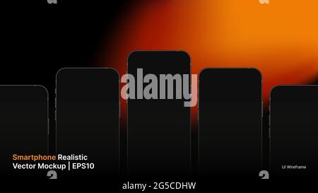 Smartphone Realistic Vector Mockup. Dark Mobile Screens on Gradient Background. Horizontal Slide Template for Presentation. Vector illustration Stock Vector