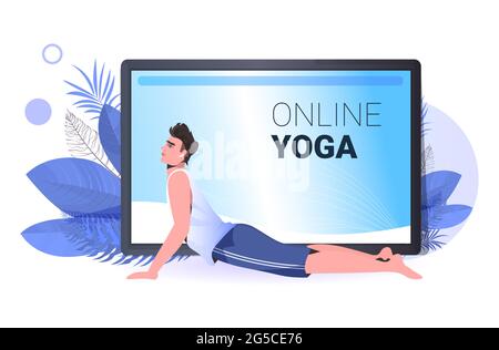 man doing yoga fitness exercises online training healthy lifestyle concept guy working out Stock Vector