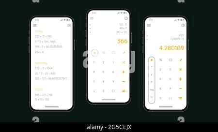 Calculator App Light User Interface. Set of three Smartphone Screens. Vector illustration Stock Vector
