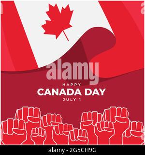 Illustration of happy Canada day on the red background. Their are Canada flag, maple leaf and youth hands in the poster Stock Vector