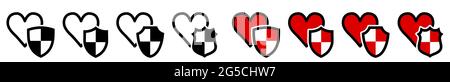 Heart icon behind shield, different versions. Cardio system protection Stock Vector