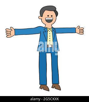 Cartoon man in suit open hands and happy, vector illustration. Colored and black outlines. Stock Vector