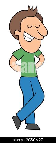 Cartoon man standing, eyes closed and happy, vector illustration. Colored and black outlines. Stock Vector