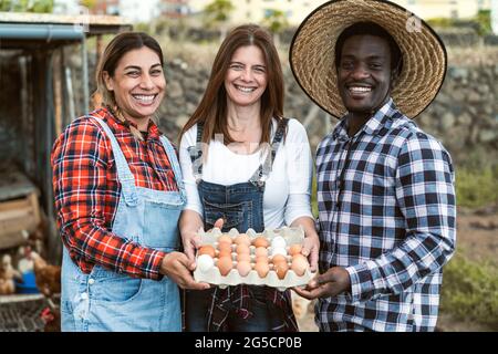 Happy farmers picking up fresh eggs in henhouse garden - Farm people lifestyle concept Stock Photo