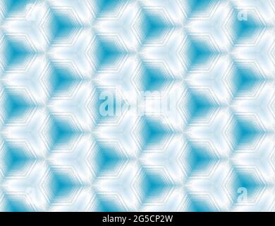 Seamless abstract blue and white textured geometric pattern with kaleidoscope effect. Symmetric hexagon ornament for digital paper, textile printing, wallpaper background design. Vector illustration. Stock Vector