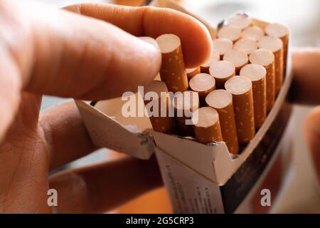 close up person's hand pick a cigarette from the carton pack box Stock  Photo
