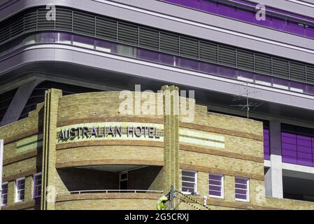 The upper storey of the Art Deco Australia Hotel and part of the Duo towers above it are all now part of Sydney's Central Park village in Australia Stock Photo