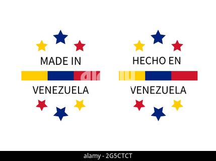 Made in Venezuela labels in English and in Spanish languages. Quality mark vector icon. Perfect for logo design, tags, badges, stickers, emblem, produ Stock Vector