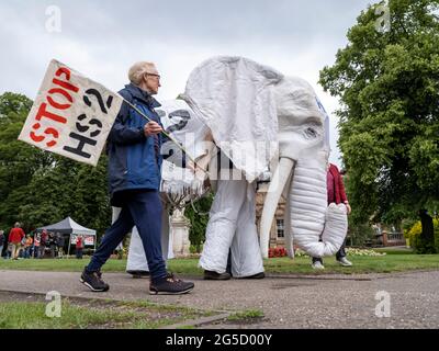 LICHFIELD. UK.  26th JUNE 2021.  HS2 Rebellion Stop HS2 rally in Beacon Park, Lichfield, marks the beginning of an 8 day walk to Wigan to raise awareness of the Stop HS2 campaign.  Credit: Richard Grange / Alamy Live News Stock Photo
