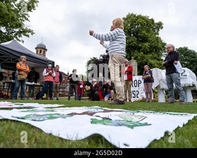 LICHFIELD. UK.  26th JUNE 2021.  HS2 Rebellion Stop HS2 rally in Beacon Park, Lichfield, marks the beginning of an 8 day walk to Wigan to raise awareness of the Stop HS2 campaign. Conservative MP Michael Fabricant speaks in support of the protestors efforts .  Credit: Richard Grange / Alamy Live News Stock Photo