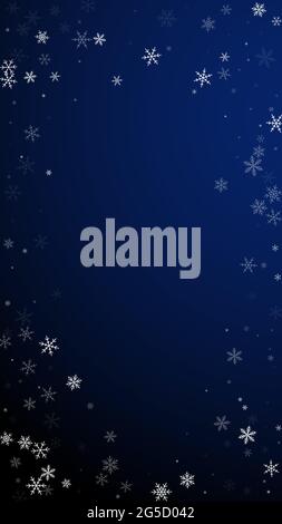 Sparse snowfall Christmas background. Subtle flying snow flakes and stars on dark blue background. Admirable winter silver snowflake overlay template. Stock Vector