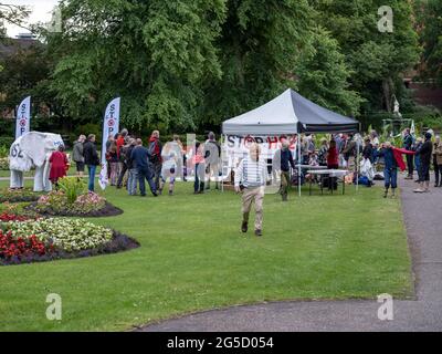 LICHFIELD. UK.  26th JUNE 2021.  HS2 Rebellion Stop HS2 rally in Beacon Park, Lichfield, marks the beginning of an 8 day walk to Wigan to raise awareness of the Stop HS2 campaign. A crowd of around 60 gathers in support.  Credit: Richard Grange / Alamy Live News Stock Photo