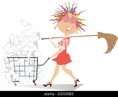 Cartoon young woman with a trolley full of papers illustration. Cheerfulness woman with a big broom on the shoulder pulls a trolley full of papers iso Stock Vector