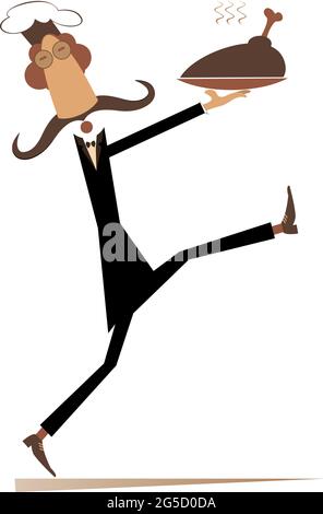 Comic cook carries a tray with meat illustration.  Long mustache comic cook carries a tray with a fried meat, duck or chicken leg isolated on white Stock Vector