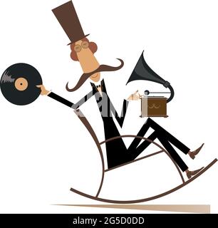 Funny man in the top hat listens music on the vintage record player illustration. Long mustache man in the top hat sits in the rocking chair and liste Stock Vector