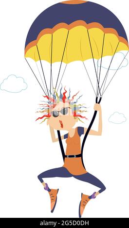 Cartoon skydiver woman illustration.  Comic skydiver woman in sunglasses derives enjoyment from jumping isolated on white Stock Vector