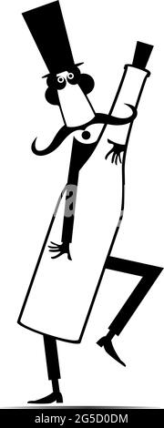 Cartoon long mustache man holds a big bottle illustration.  Funny long mustache man in the top hat holds a big bottle of liquid black on white Stock Vector