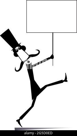 Man in the top hat holds a placard illustration. Cartoon long mustache man in the top hat holds a banner in his hands black on white Stock Vector