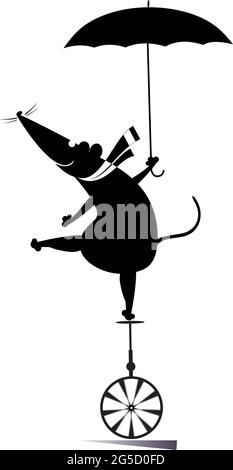 Equilibrist rat or mouse balances on the unicycle with an umbrella illustration.  Cartoon rat or mouse balances on the unicycle and holds an umbrella Stock Vector