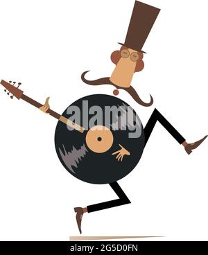 Funny mustache man in the top, guitar and vinyl record concept illustration.  Cartoon long mustache man in the top, guitar and vinyl record isolated o Stock Vector