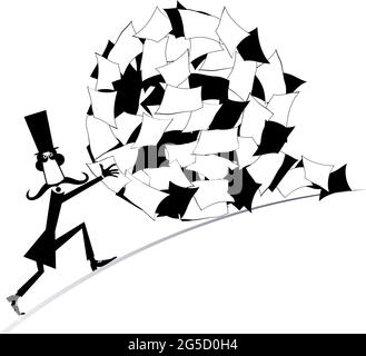 Hard working man and pile of papers. Concept illustration. Cartoon long mustache man in the top hat rolls up a big ball of papers black on white Stock Vector