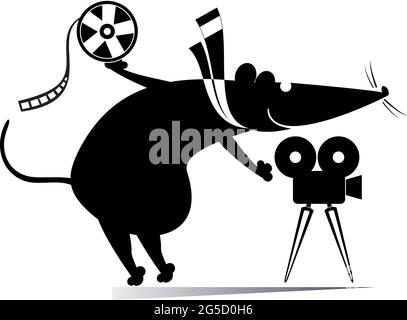 Cartoon rat or mouse, movie projector, tape illustration. Funny rat or mouse stands near the movie projector and holds a tape black on white Stock Vector