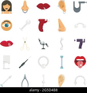 Piercing body flat set of isolated icons with parts of human body being ...
