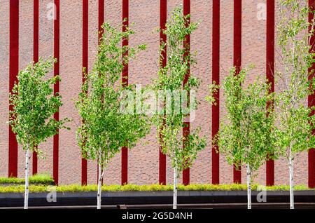Urban garden with futuristic walls of red brick Stock Photo