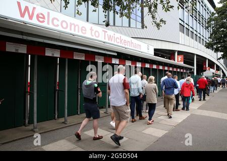 A general view of fans queuing outside of the ground before the Gallagher Premiership final at Twickenham Stadium, London. Picture date: Saturday June 26, 2021. Stock Photo