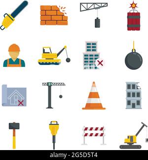 Demolition work icons set flat vector isolated Stock Vector