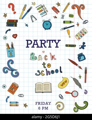 Back to school. Big vector doodle set. Stationery for school, university and office. Hand-drawn school supplies. A set of colored flat icons. Cartoon Stock Vector