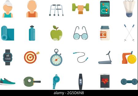 Workout seniors icons set flat vector isolated Stock Vector