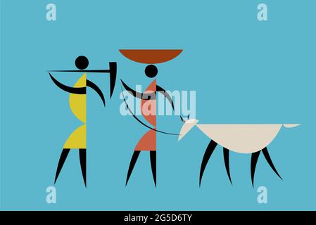 Tribal style illustration of a family gathering things from the forest Stock Vector