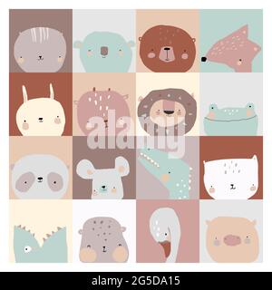Set of Cute Faces Animals on Different Background Stock Vector