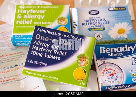 Stock photo of boxes and blister packs of pills of common hay fever medicines / tablets sold in the UK Stock Photo