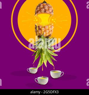 Modern design, contemporary art collage. Inspiration, idea, trendy urban magazine style. Composition with pineapples and cups with juice on purple Stock Photo