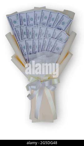 Money bouquet of wrapped in 100 Usd on isolated white background with clipping path Stock Photo