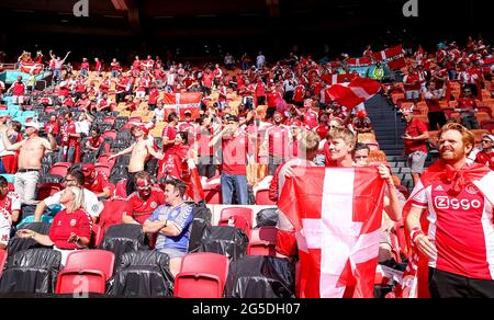 Denmark fans cheer their team during the UEFA Euro 2020 round of 16 match held at the Johan Cruijff ArenA in Amsterdam, Netherlands. Picture date: Saturday June 26, 2021.