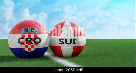 Switzerland vs. Croatia Republic Soccer Match - Leather balls in Switzerland and Croatia national colors. 3D Rendering Stock Photo