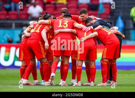 Wales players during a huddle prior to kick-off during the UEFA Euro 2020 round of 16 match held at the Johan Cruijff ArenA in Amsterdam, Netherlands. Picture date: Saturday June 26, 2021.
