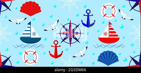 Seamless pattern with sailboat, anchor, steering wheel and lifebuoy. Cute Marine patterned for fabric, baby clothes, background, textile, wrapping paper. Stock Photo