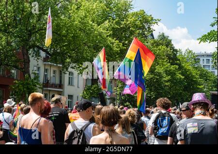 Queer people demonstrate in Berlin at the Hermanplatz for safety  against Queer perple on the 26.06.2021. Stock Photo