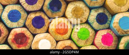 Banner with messy aasortment color drawing pencils close-up, art background web design concept photo Stock Photo