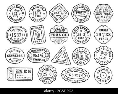 Black Retro stamps with scabies, cities stamp set on an envelope for vintage passport cover, traveller tshirt print or grunge style luggage. Vector Stock Vector
