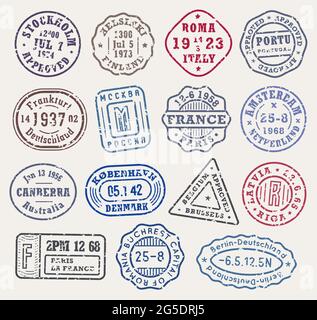 Retro stamps with scabies, cities stamp set on an envelope for vintage passport cover, traveller tshirt print or grunge style luggage. Vector Stock Vector