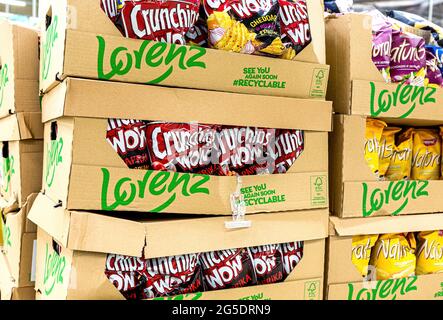 Samara, Russia - June 19, 2021: Packs of potato chips to sale on the shelf in superstore Stock Photo