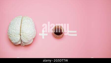 Alcohol drink plus brain danger equation concept Stock Photo