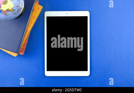 Education with digital tablet, new normal concept, empry screen mockup, flat lay school composition, top view Stock Photo