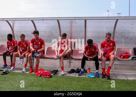 HENGELO, NETHERLANDS - JUNE 26: Kik Pierie of FC Twente, Daan Rots of FC Twente, Virgil Misidjan of FC Twente and Wout Brama of FC Twente during the first Training Session of FC Twente of season 2021-2022 at Trainingscentrum Hengelo on June 26, 2021 in Hengelo, Netherlands. (Photo by Marcel ter Bals/Orange Pictures) Stock Photo